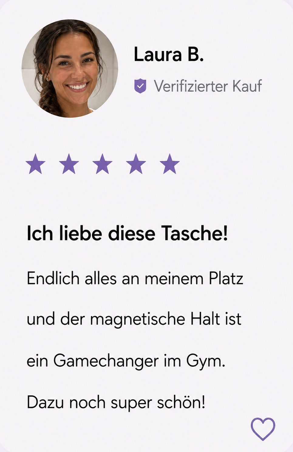 Jana K., Nie mehr ohne. Habe lange nach der perfekten Gym-Tasche gesucht und endlich gefunden. Waschbar, super Stoff und hält einfach alles fest.