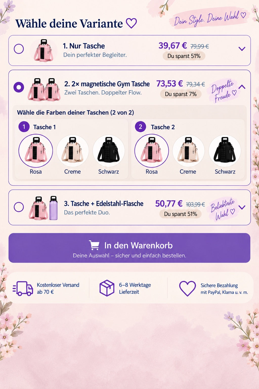 Zwei magnetische Gym Taschen ist geoeffnet, mit je einer Farbwahl fuer Tasche eins und Tasche zwei.