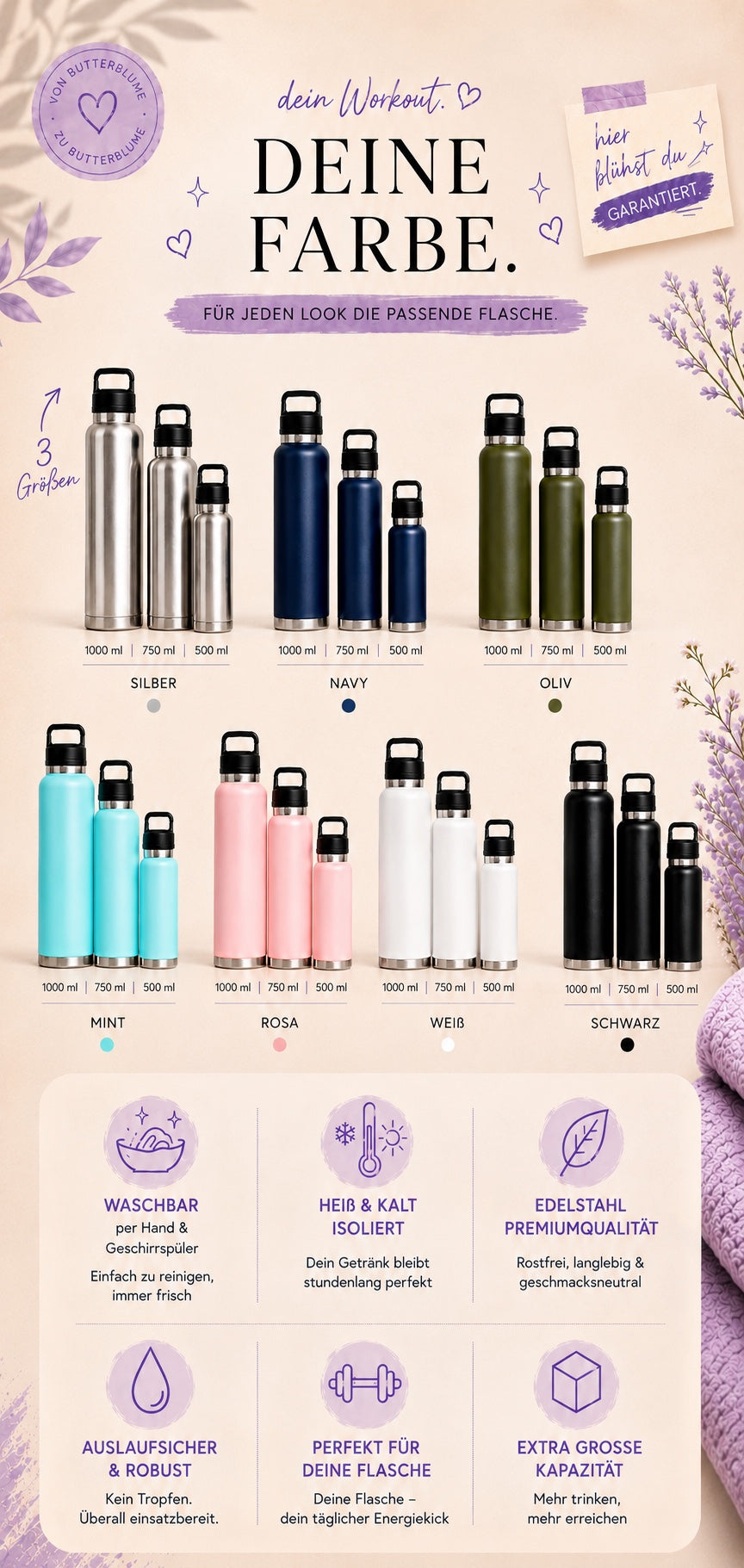 Deine Farbe. Für jeden Look die passende Flasche, in Silber, Navy, Oliv, Mint, Rosa, Weiß und Schwarz, jeweils in 1000, 750 und 500 Millilitern. Waschbar, heiß und kalt isoliert, Edelstahl in Premiumqualität, auslaufsicher und robust.