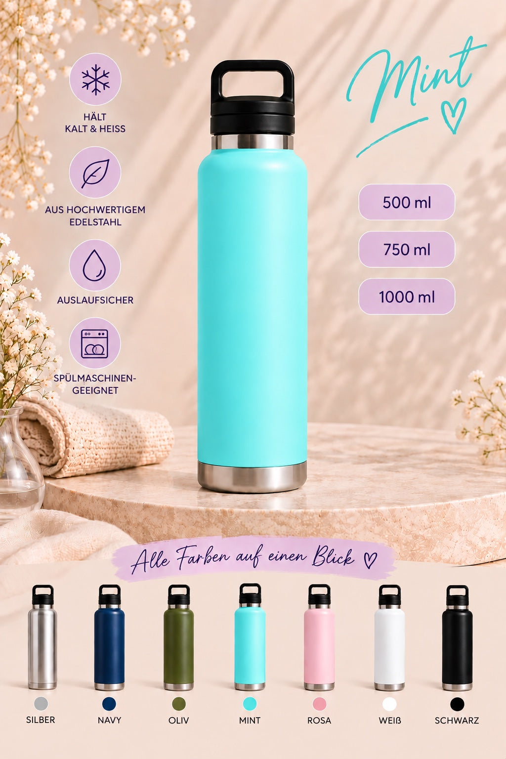 Trinkflasche in der gewählten Farbe und Größe