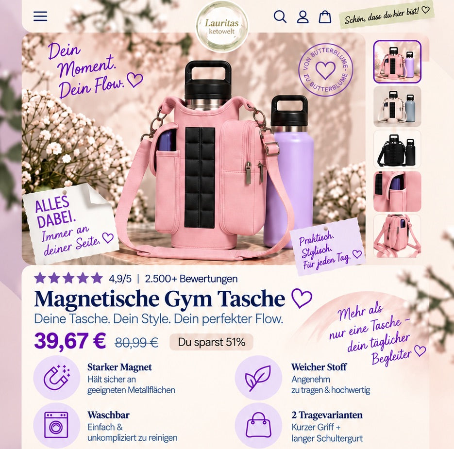 Magnetische Gym Tasche. 39,67 Euro. Starker Magnet, weicher Stoff, waschbar, zwei Tragevarianten.