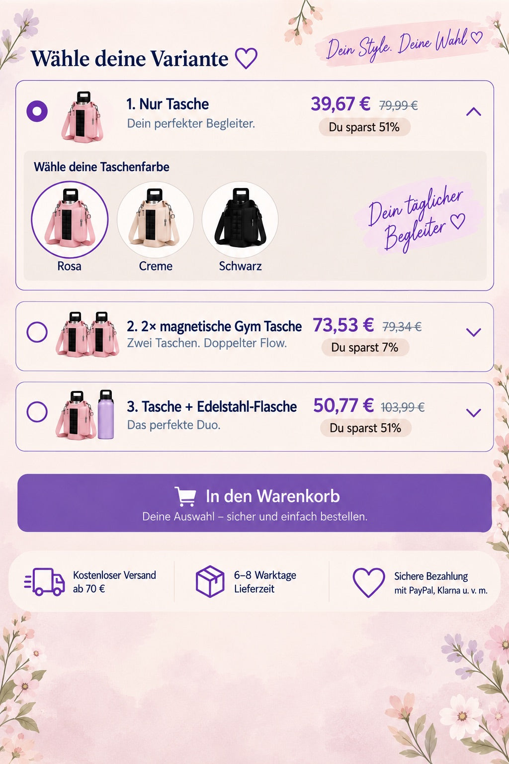 Waehle deine Variante. Nur Tasche ist geoeffnet, dazu die Taschenfarben Rosa, Creme und Schwarz.